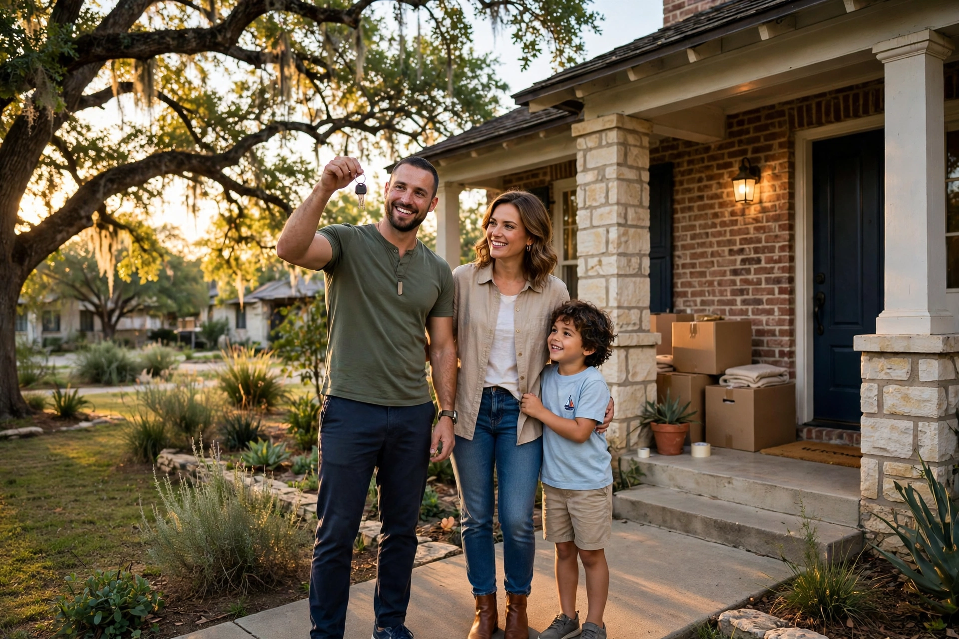 Military family holding up the keys to their San Antonio home