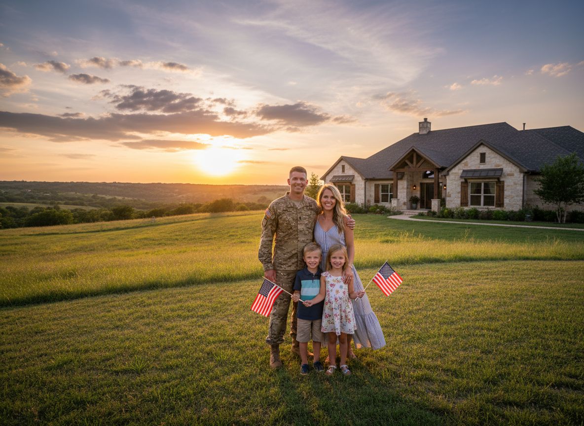 A military family at sunset in front of their Central Texas home